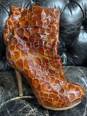 XTC on Melrose Brown Croc Leather Platform Ankle Boots